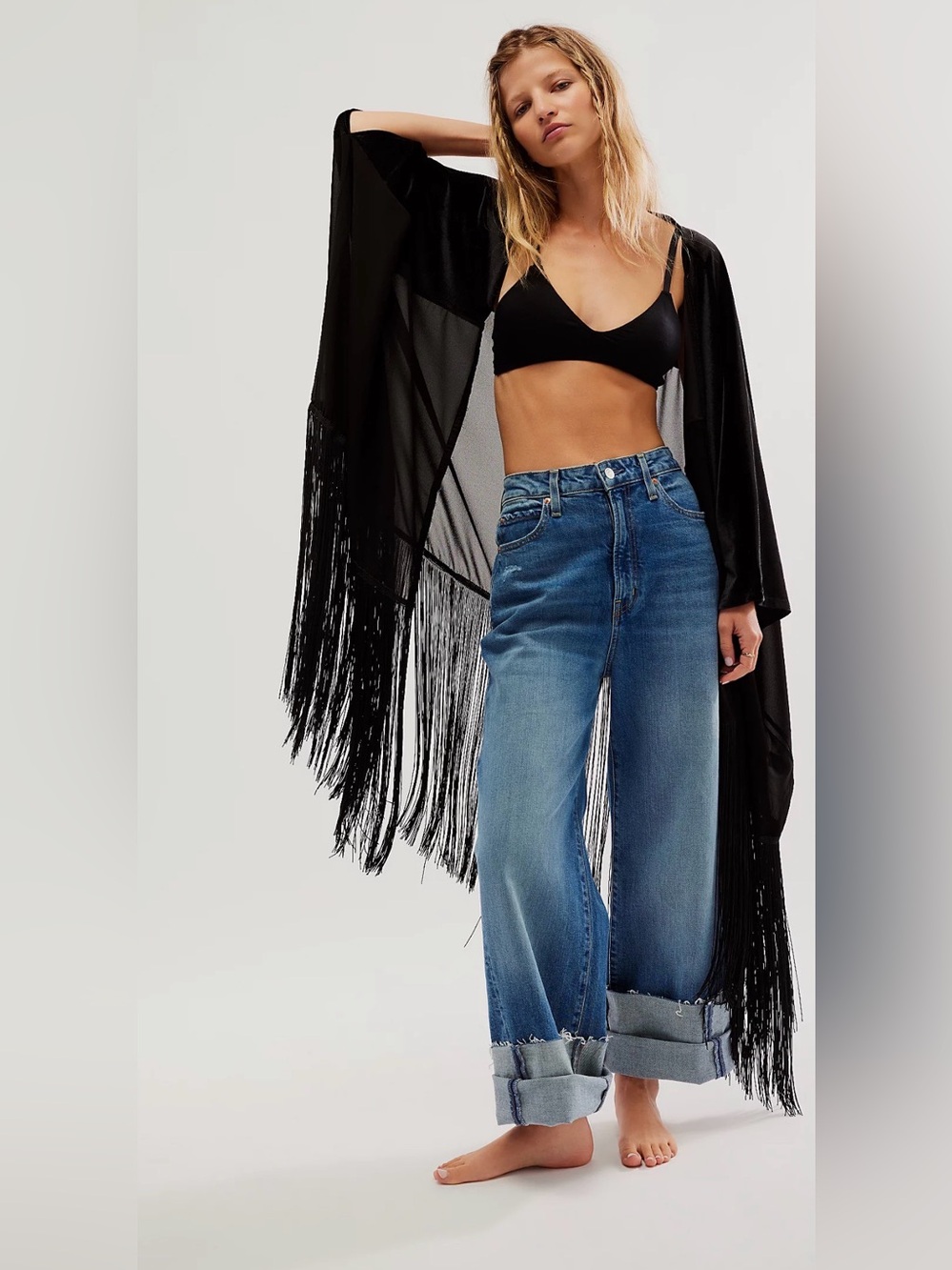 Free People Velvet Dreams Fringe Kimono Black
